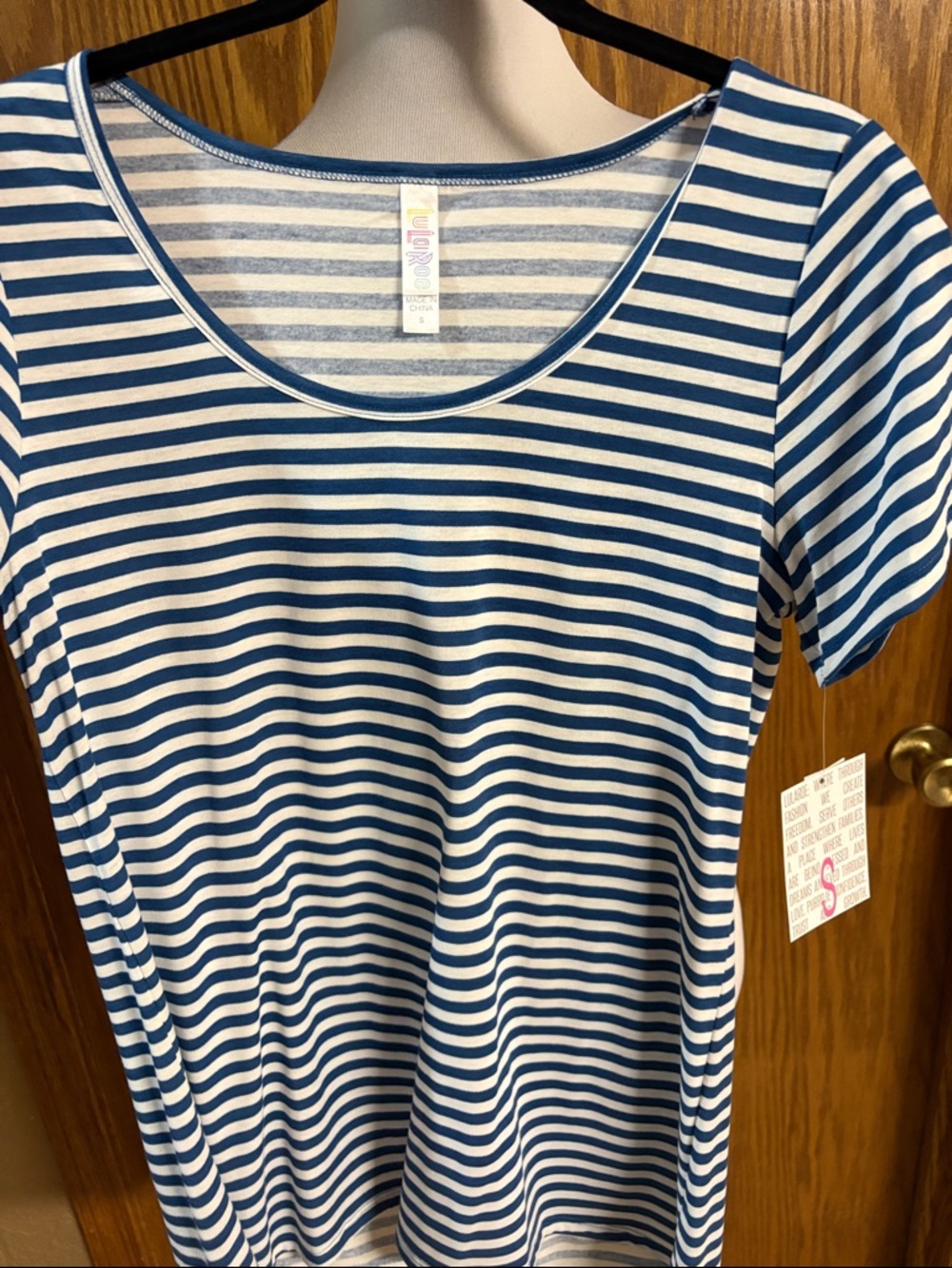 LuLaRoe Blue and White Striped Scoop Neck Short Sleeve Top